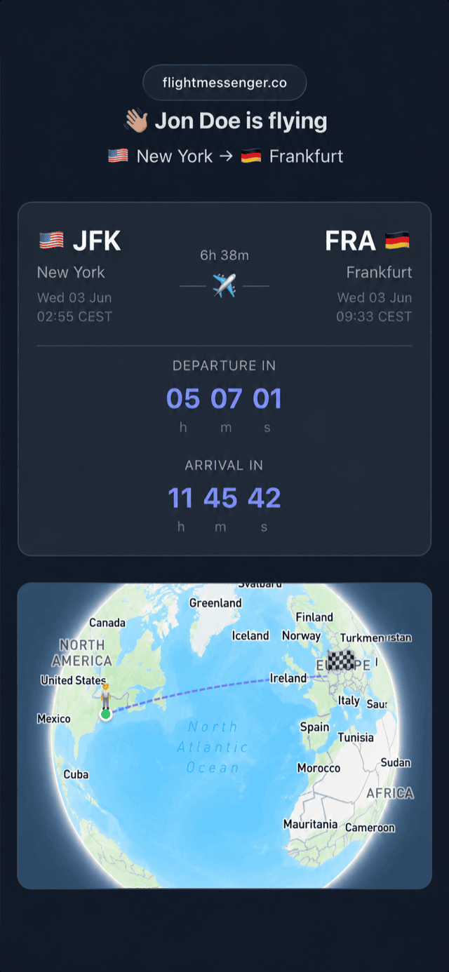 The FlightMessenger public flight tracking page with live status and countdowns